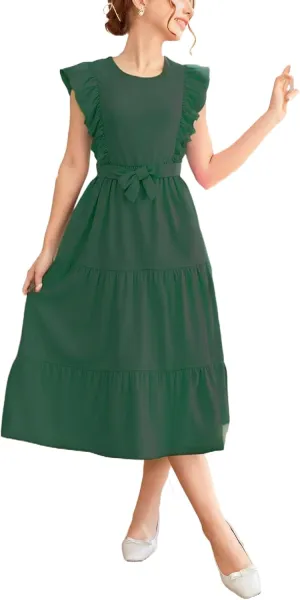 Girls Summer Dresses Ruffle Sleeve Dress A Line Swing Belted Casual Solid Color Party Dress 6-14 Years