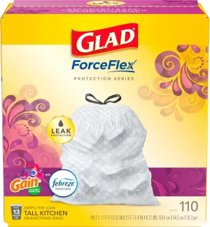 Glad Trash & Food Storage ForceFlex Protection Series Tall Trash Bags, 13 Gal, Gain Moonlight Breeze with Febreze, 110 Ct (Package May Vary), White (79261)