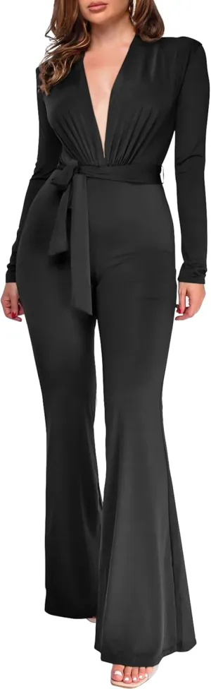 GOKATOSAU Women's Deep V Neck Long Sleeve Full Length Flare Pants Bodycon Jumpsuit with Belt