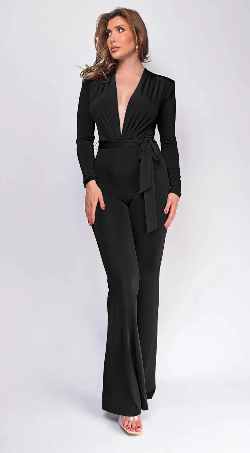 GOKATOSAU Women's Deep V Neck Long Sleeve Full Length Flare Pants Bodycon Jumpsuit with Belt