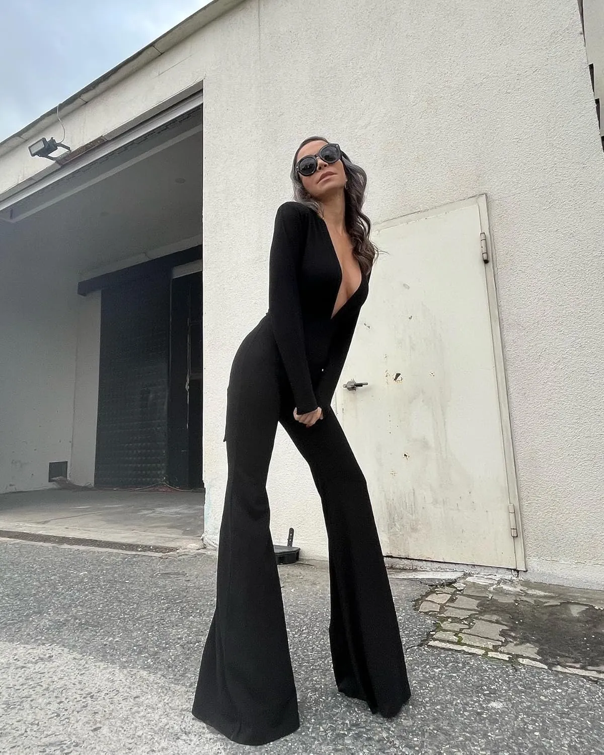 GOKATOSAU Women's Deep V Neck Long Sleeve Full Length Flare Pants Bodycon Jumpsuit with Belt