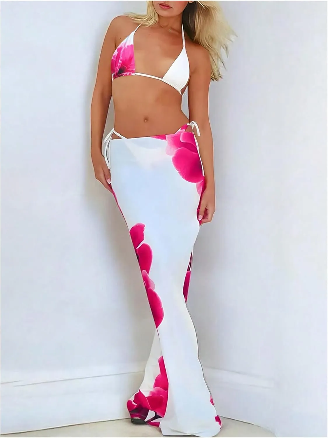 GORGLITTER Women's 3 Piece Swimsuits Floral Halter Triangle String Bikini Set with Cover Up Skirt