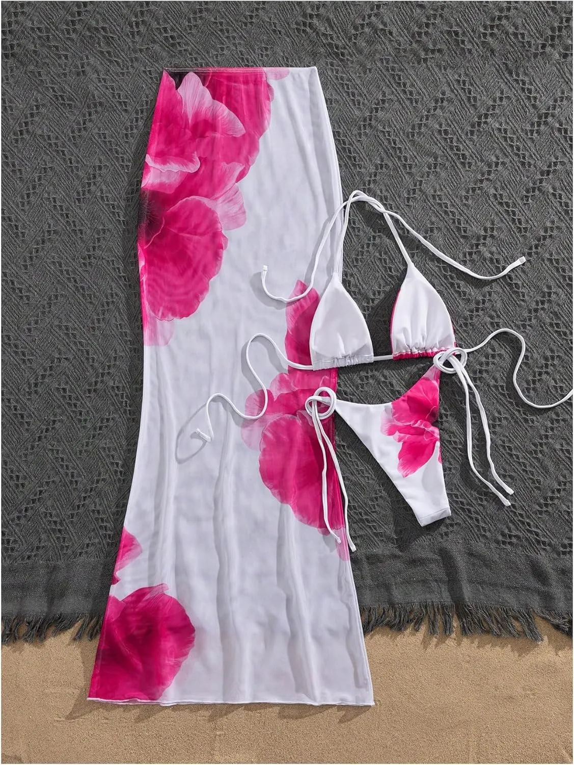 GORGLITTER Women's 3 Piece Swimsuits Floral Halter Triangle String Bikini Set with Cover Up Skirt