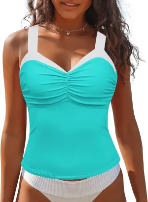 GRAPENT Tankini Tops for Women Colorblock Ruched Swimsuits Beach Padded Adjustable Straps Modest Swimwear Swim Tops Only
