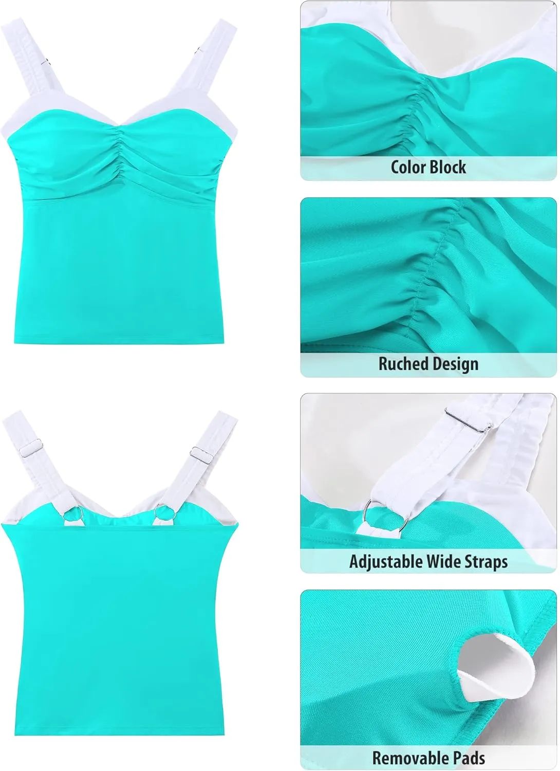 GRAPENT Tankini Tops for Women Colorblock Ruched Swimsuits Beach Padded Adjustable Straps Modest Swimwear Swim Tops Only