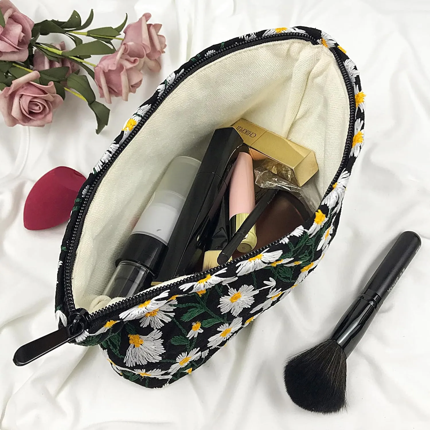 GUTGNK Corduroy Ladies Cosmetic Bag, Large Capacity Canvas Cosmetic Bag Travel Toiletry Bag Accessories Organizer, Black Chrysanthemum