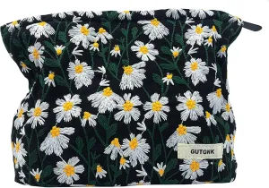 GUTGNK Corduroy Ladies Cosmetic Bag, Large Capacity Canvas Cosmetic Bag Travel Toiletry Bag Accessories Organizer, Black Chrysanthemum