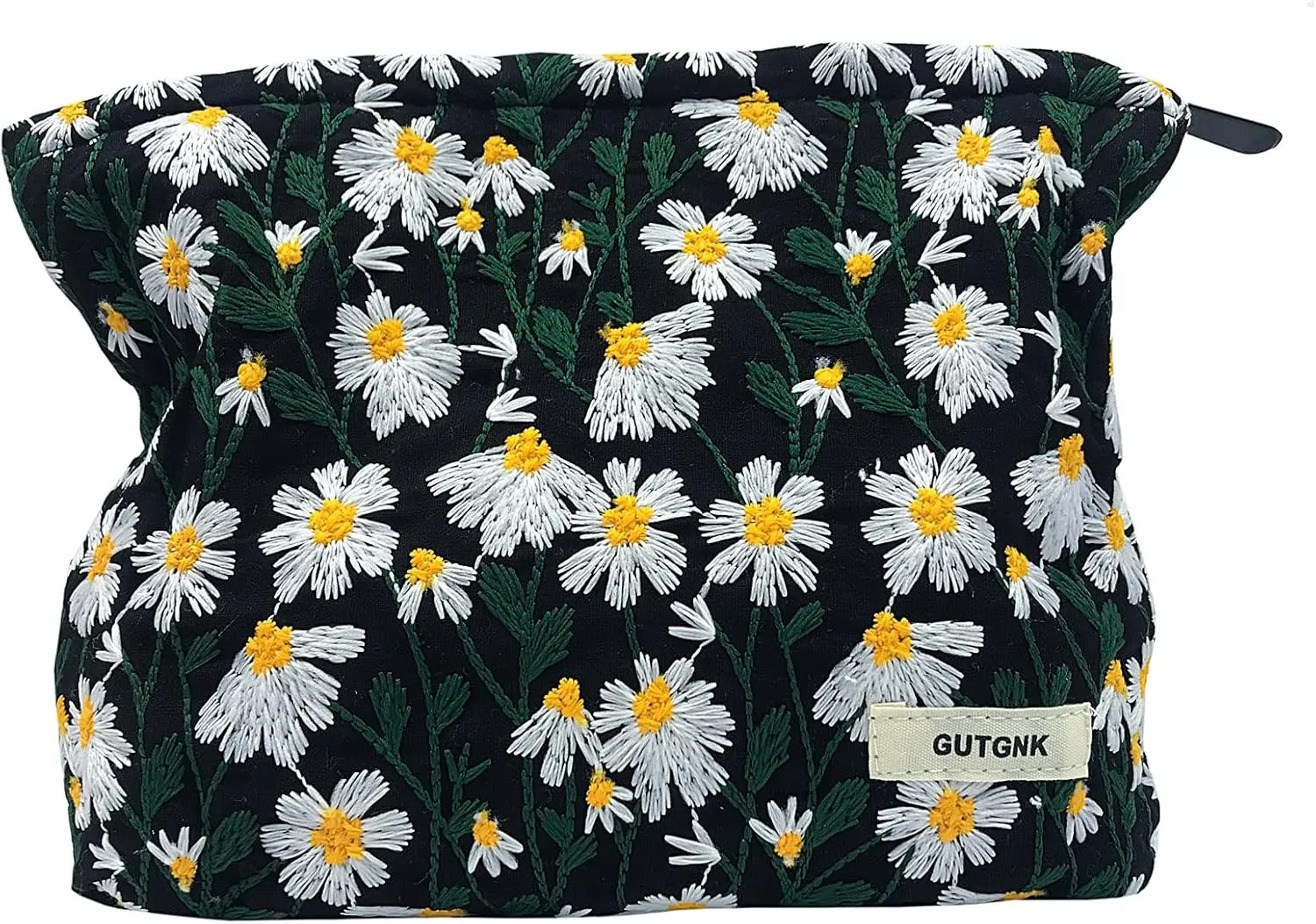 GUTGNK Corduroy Ladies Cosmetic Bag, Large Capacity Canvas Cosmetic Bag Travel Toiletry Bag Accessories Organizer, Black Chrysanthemum