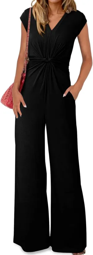 Happy Sailed Jumpsuits for Women Dressy Summer Short Sleeve V Neck Criss Cross Wide Leg Long Pants Romper Outfits