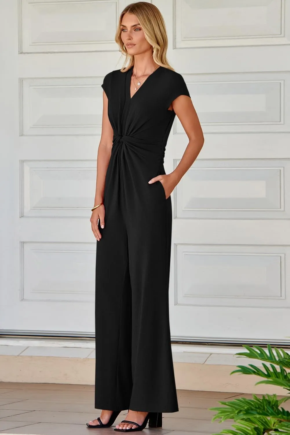 Happy Sailed Jumpsuits for Women Dressy Summer Short Sleeve V Neck Criss Cross Wide Leg Long Pants Romper Outfits