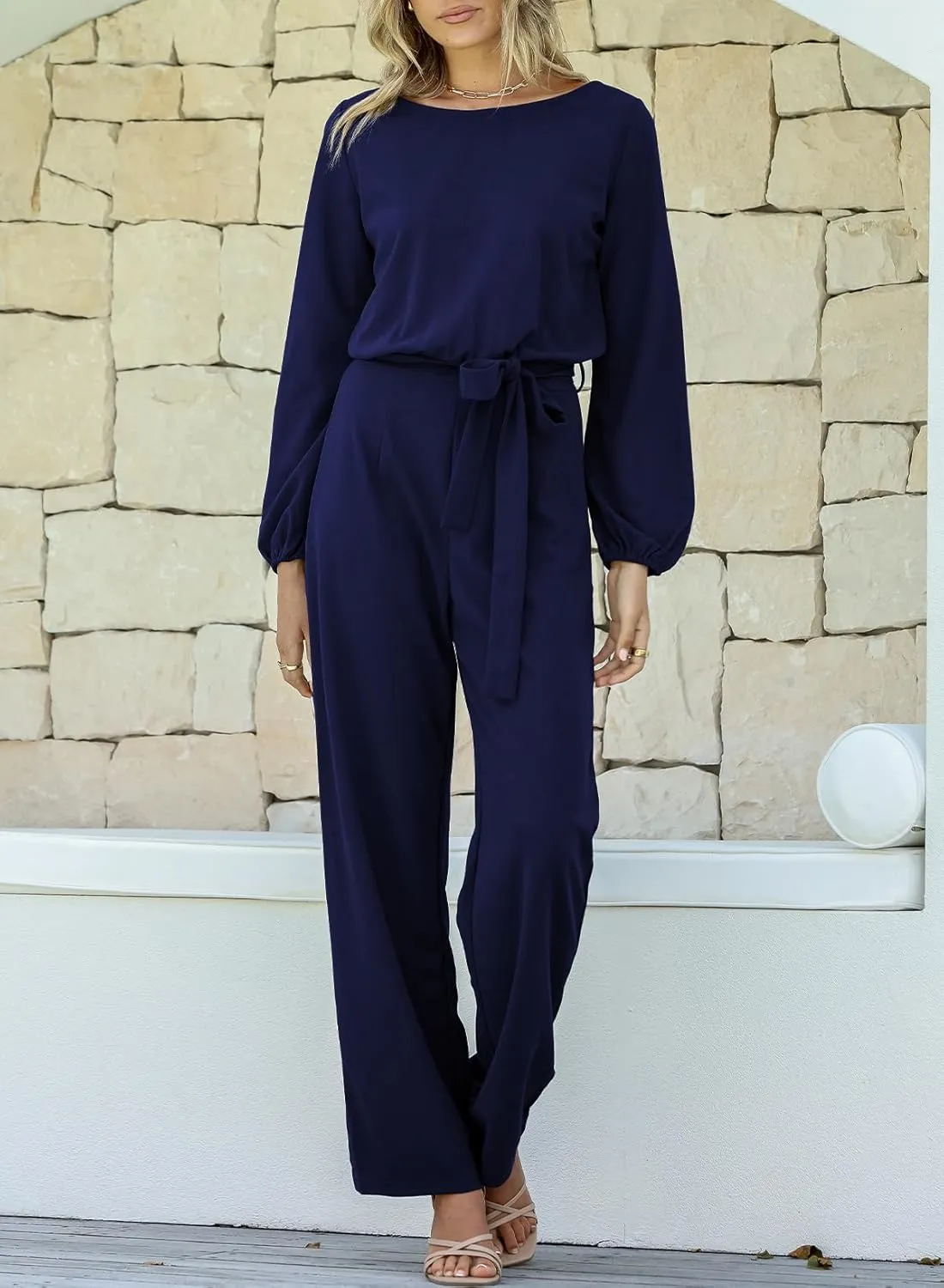 Happy Sailed Womens Dressy Jumpsuits Long Sleeve Belted Wide Leg Pant Romper Jumpsuit Wedding Guest Outfits