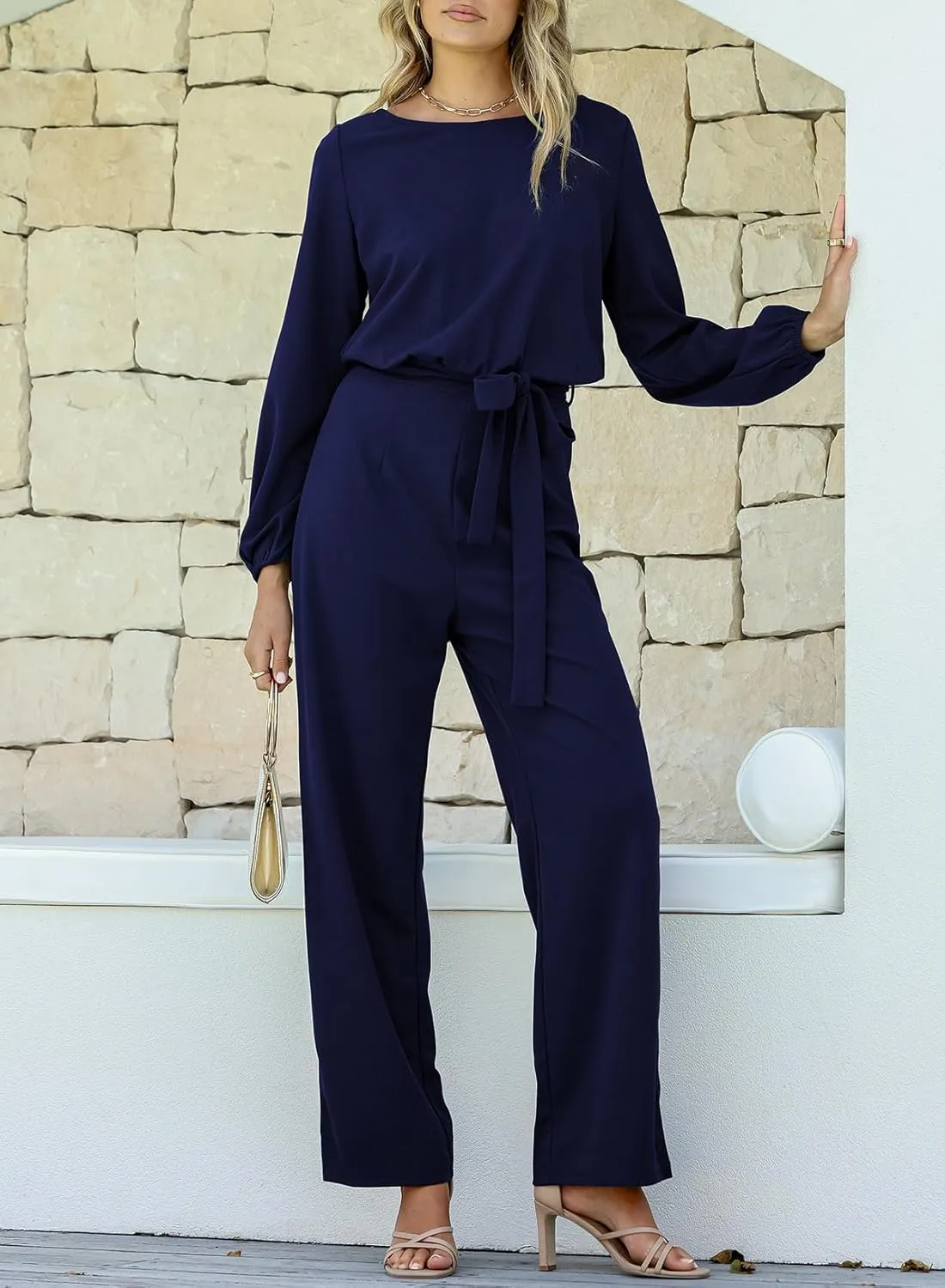 Happy Sailed Womens Dressy Jumpsuits Long Sleeve Belted Wide Leg Pant Romper Jumpsuit Wedding Guest Outfits