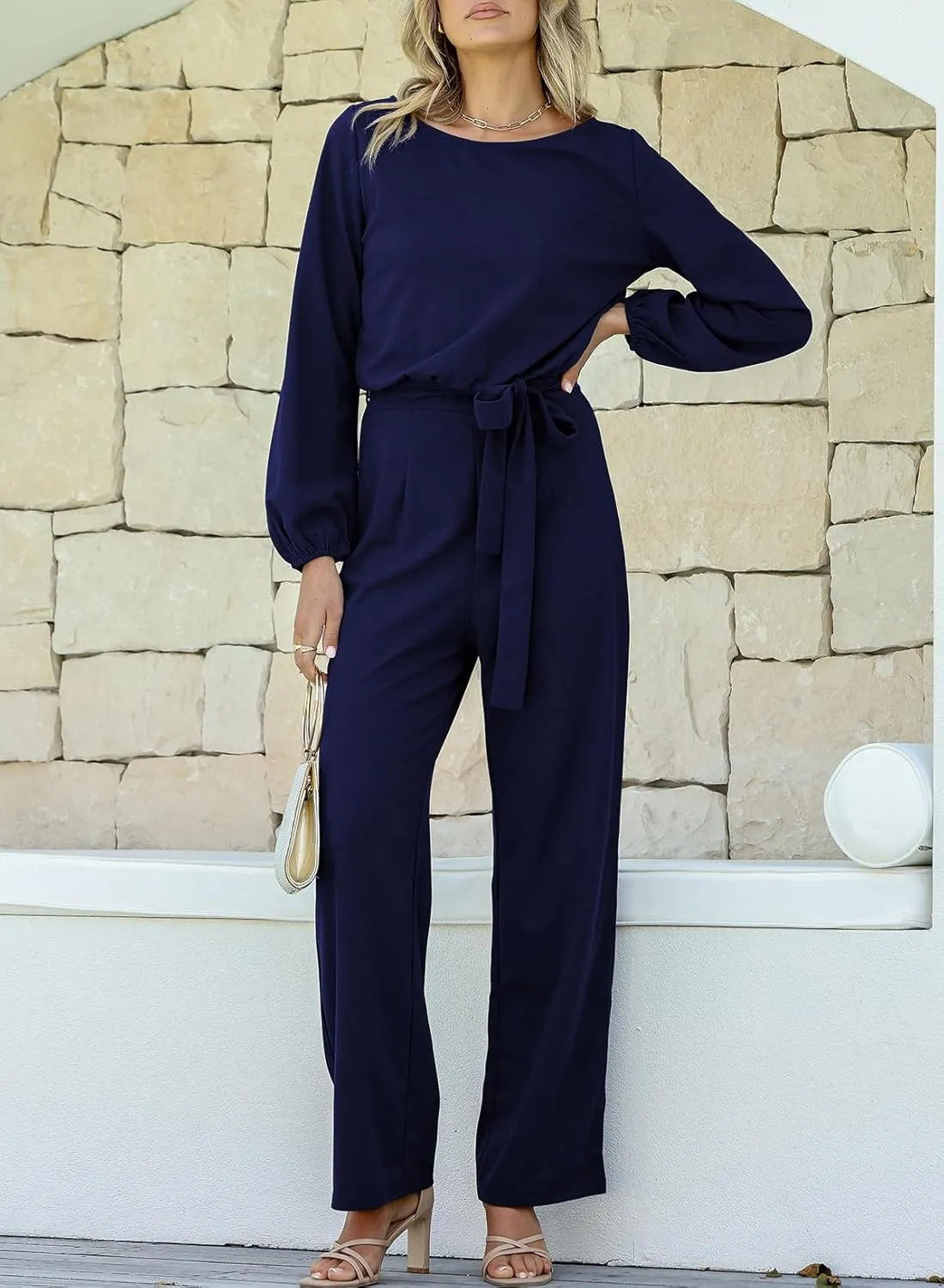Happy Sailed Womens Dressy Jumpsuits Long Sleeve Belted Wide Leg Pant Romper Jumpsuit Wedding Guest Outfits