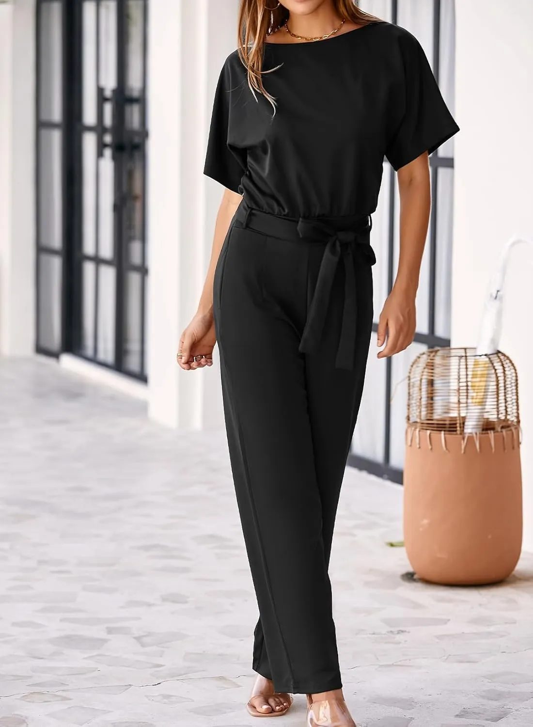Happy Sailed Womens Loose Short Sleeve Belted Wide Leg Pant Romper Jumpsuit Business Casual One Piece Outfits
