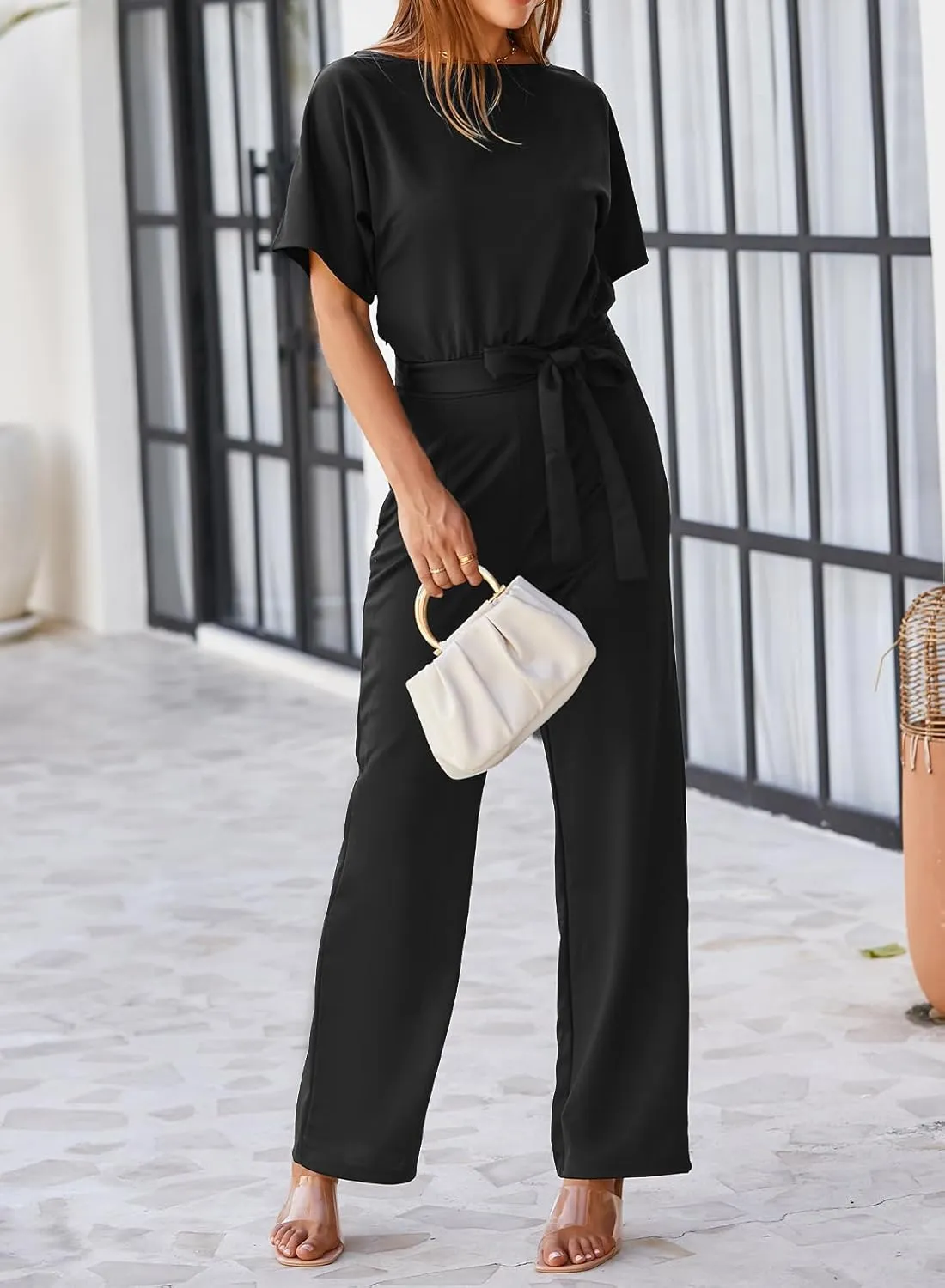 Happy Sailed Womens Loose Short Sleeve Belted Wide Leg Pant Romper Jumpsuit Business Casual One Piece Outfits