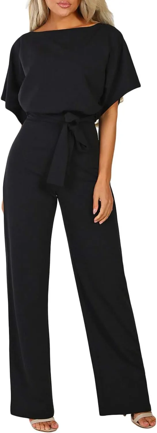 Happy Sailed Womens Loose Short Sleeve Belted Wide Leg Pant Romper Jumpsuit Business Casual One Piece Outfits
