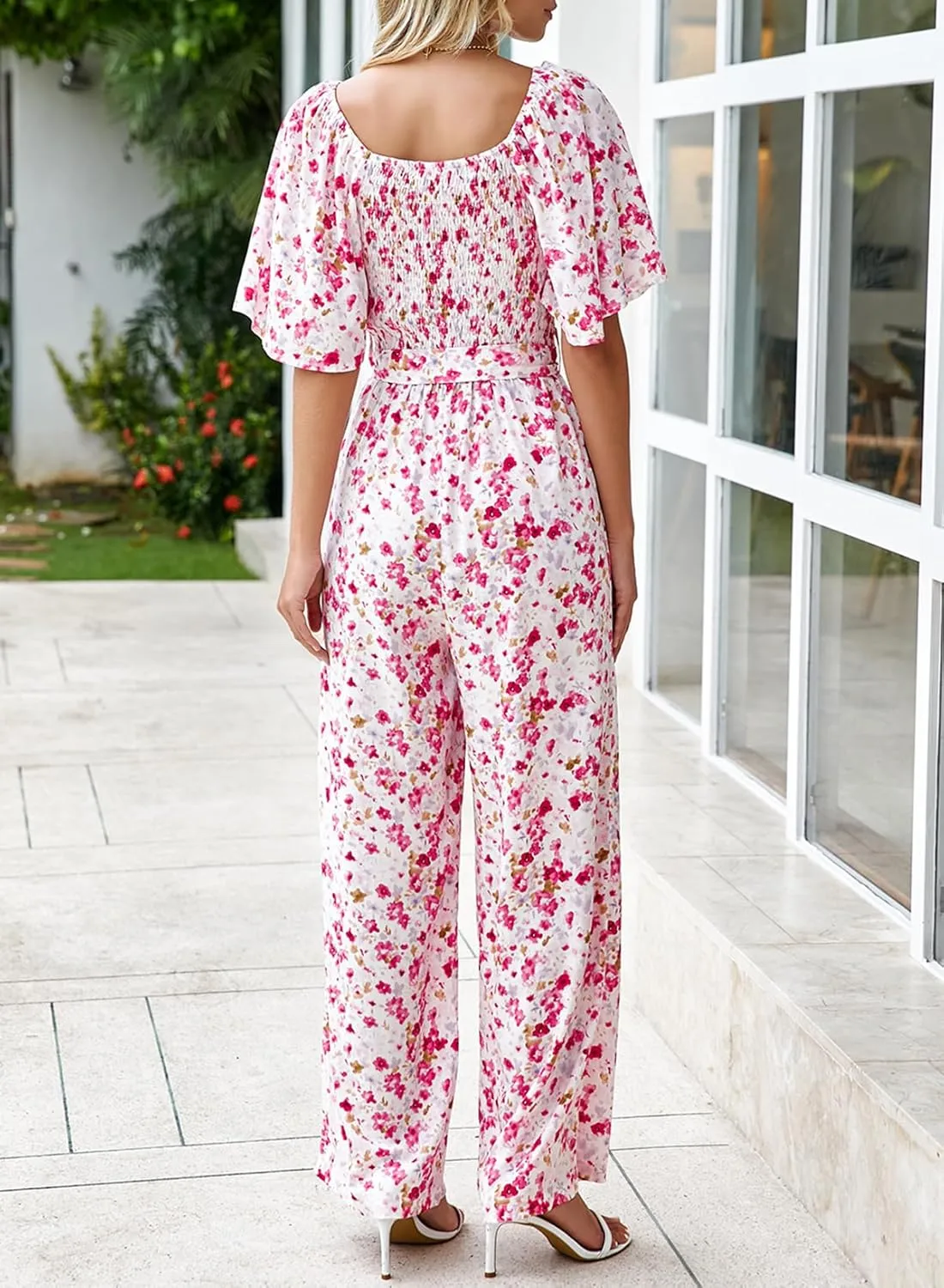 Happy Sailed Womens Summer Jumpsuits Floral Printed Short Sleeve High Waisted Pockets Wide Leg Rompers Beach Vacation Outfits