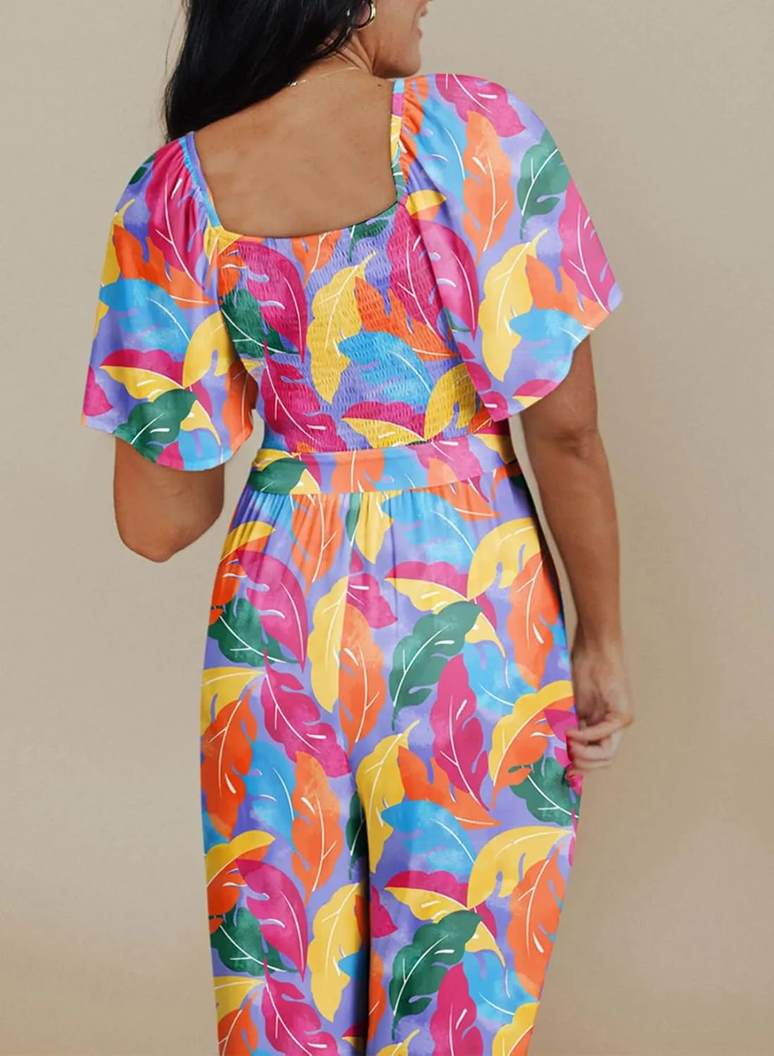 Happy Sailed Womens Summer Jumpsuits Floral Printed Short Sleeve High Waisted Pockets Wide Leg Rompers Beach Vacation Outfits