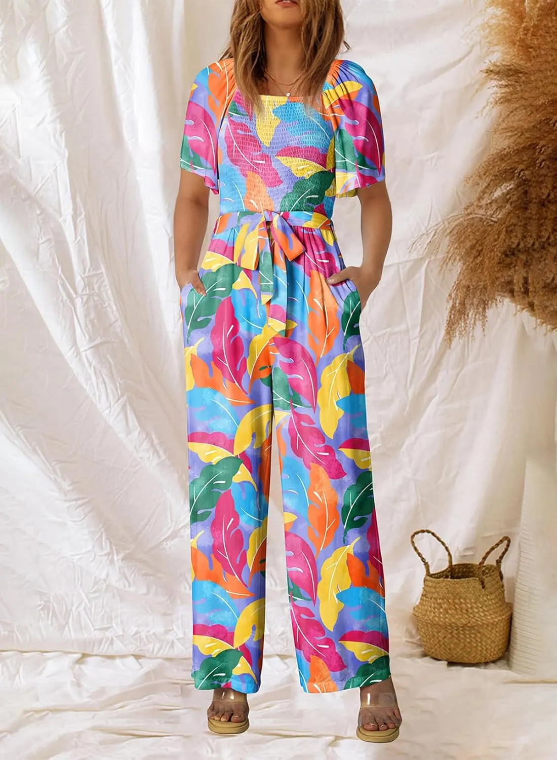 Happy Sailed Womens Summer Jumpsuits Floral Printed Short Sleeve High Waisted Pockets Wide Leg Rompers Beach Vacation Outfits