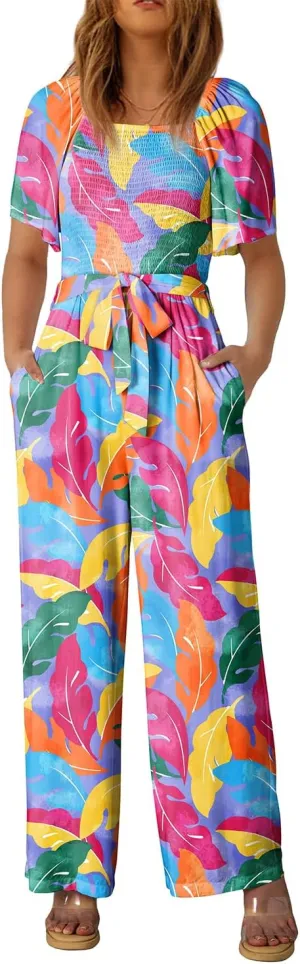 Happy Sailed Womens Summer Jumpsuits Floral Printed Short Sleeve High Waisted Pockets Wide Leg Rompers Beach Vacation Outfits