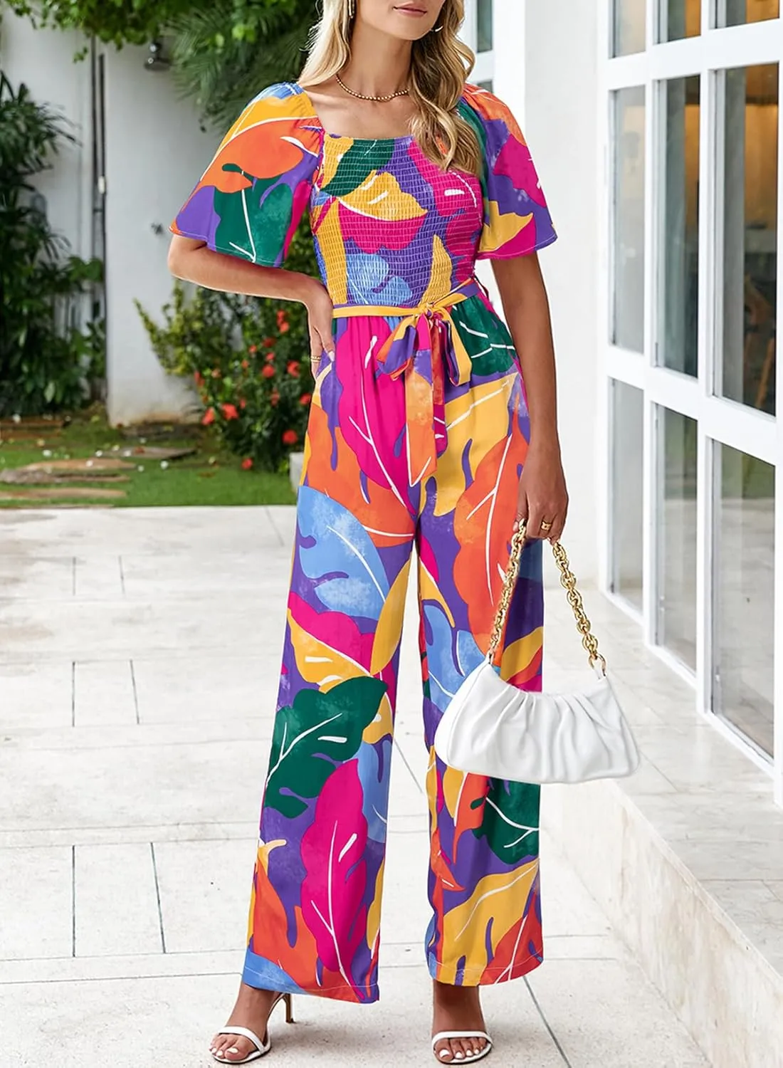 Happy Sailed Womens Summer Jumpsuits Floral Printed Short Sleeve High Waisted Pockets Wide Leg Rompers Beach Vacation Outfits
