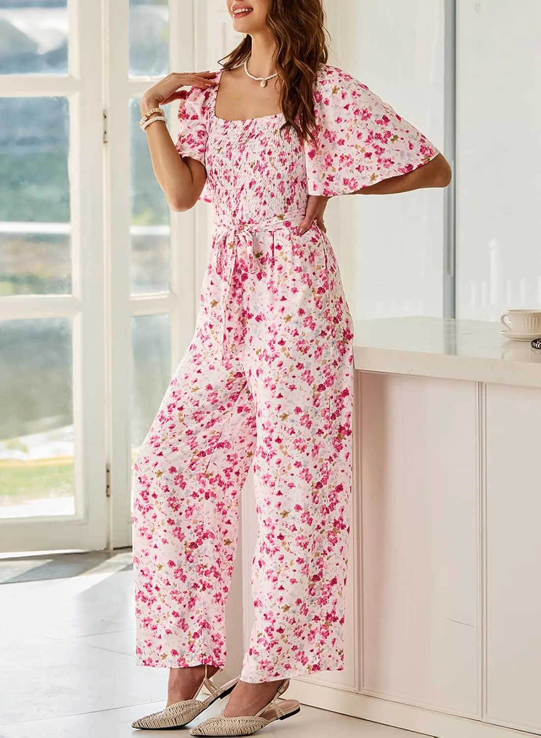 Happy Sailed Womens Summer Jumpsuits Floral Printed Short Sleeve High Waisted Pockets Wide Leg Rompers Beach Vacation Outfits
