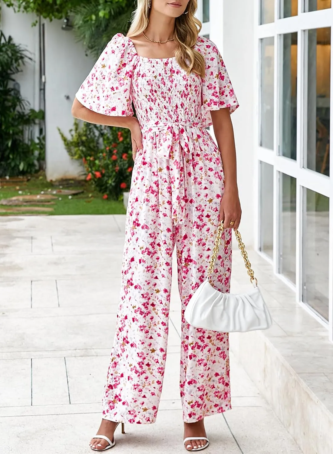 Happy Sailed Womens Summer Jumpsuits Floral Printed Short Sleeve High Waisted Pockets Wide Leg Rompers Beach Vacation Outfits