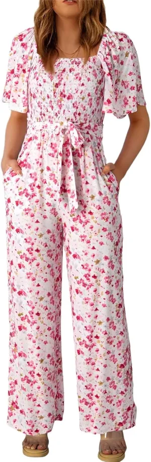 Happy Sailed Womens Summer Jumpsuits Floral Printed Short Sleeve High Waisted Pockets Wide Leg Rompers Beach Vacation Outfits