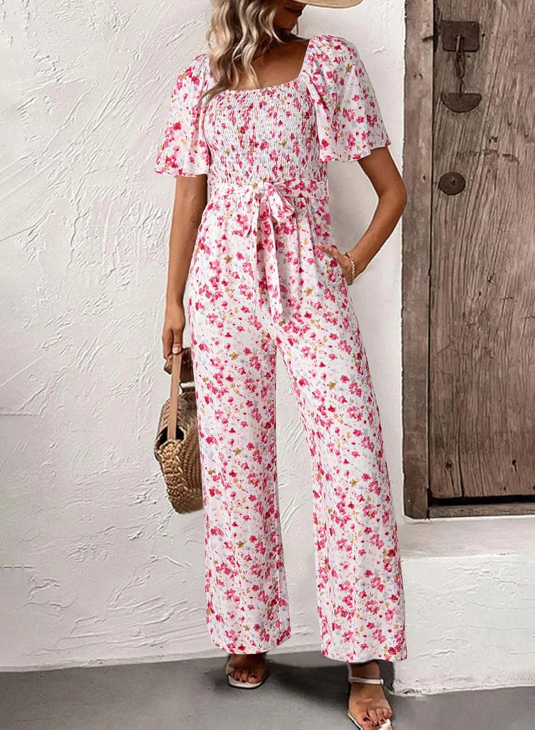 Happy Sailed Womens Summer Jumpsuits Floral Printed Short Sleeve High Waisted Pockets Wide Leg Rompers Beach Vacation Outfits
