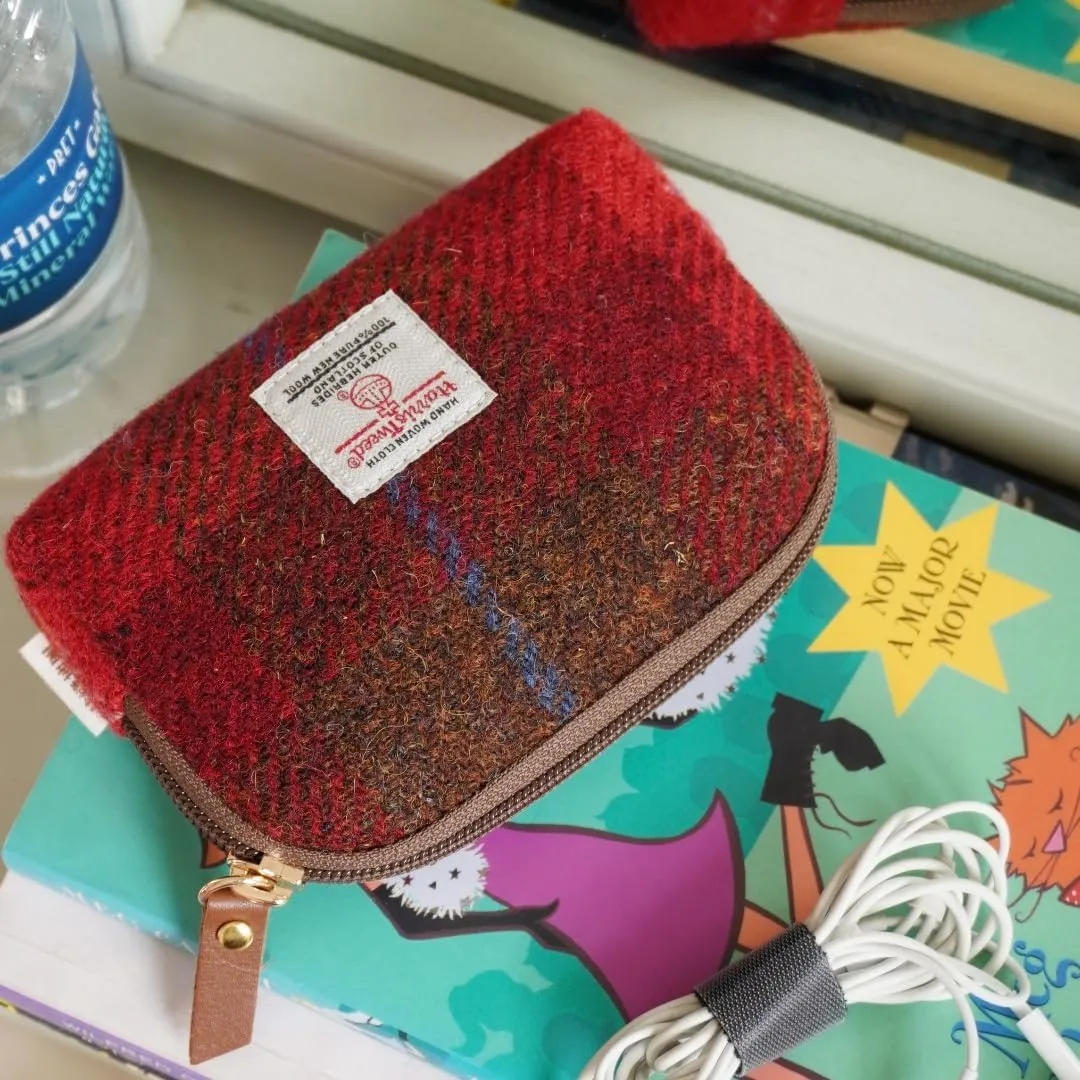 Harris Tweed Mini Travel Makeup Carrying Case Cosmetic Bag Portable Electronics Accessories Organizer Coin Purse (Red Plaid)
