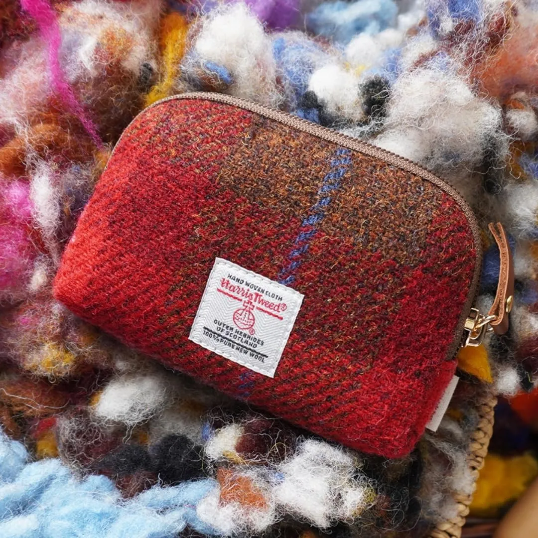 Harris Tweed Mini Travel Makeup Carrying Case Cosmetic Bag Portable Electronics Accessories Organizer Coin Purse (Red Plaid)