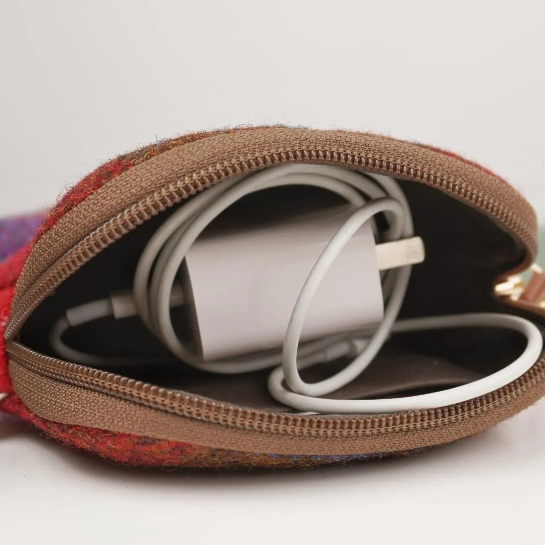 Harris Tweed Mini Travel Makeup Carrying Case Cosmetic Bag Portable Electronics Accessories Organizer Coin Purse (Red Plaid)