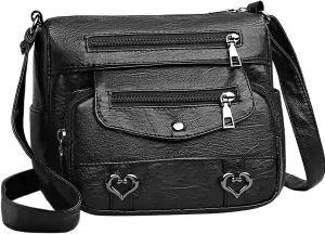 Heart Decor Crossbody Bag Vintage PU Leather Shoulder Bag Women Pockets Purse Messenger Bags for (Black, One Size)