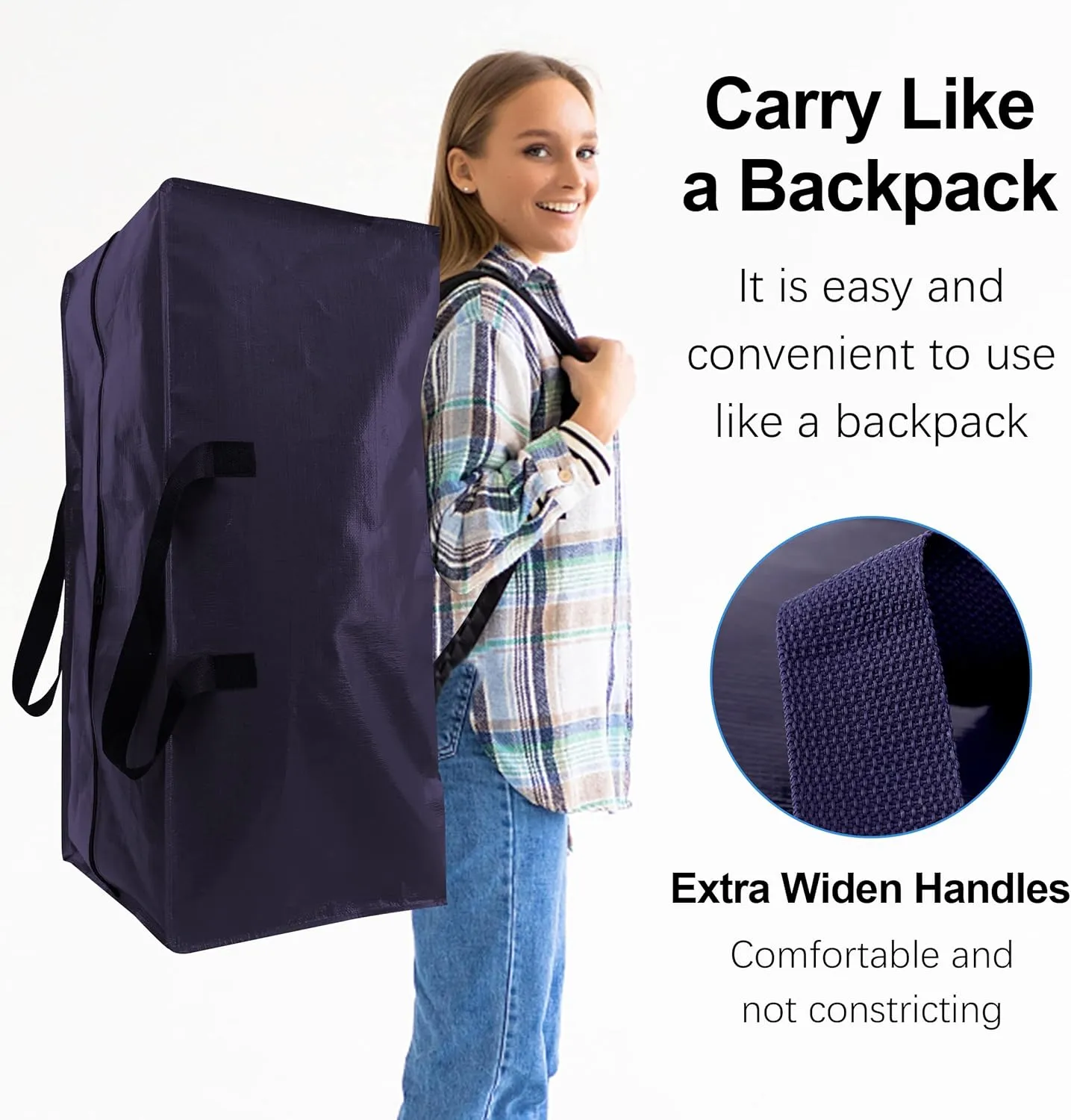 Heavy Duty Extra Large Moving Bags W/Backpack Straps - Strong Handles & Zippers, Storage Totes For Space Saving, Fold Flat, Alternative to Moving Box and Storage Bin (Set of 6, Blue)
