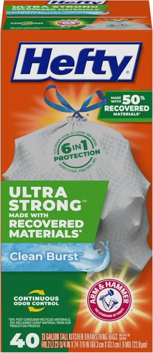 Hefty Ultra Strong Made with 50% Recovered Materials* Tall Kitchen Trash Bags, Gray, Clean Burst, 13 Gallon, 40 Count