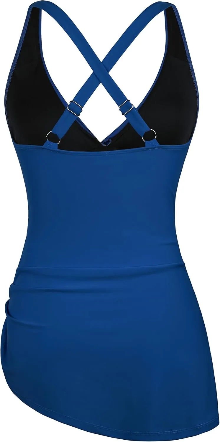 Hilor Women's Underwire One Piece Swimdress Tummy Control Bathing Suits V Neck Swimsuits Swim Dress Crossover Skirt Swimwear