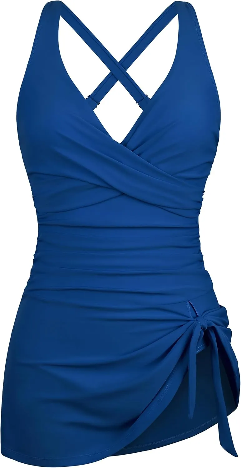 Hilor Women's Underwire One Piece Swimdress Tummy Control Bathing Suits V Neck Swimsuits Swim Dress Crossover Skirt Swimwear