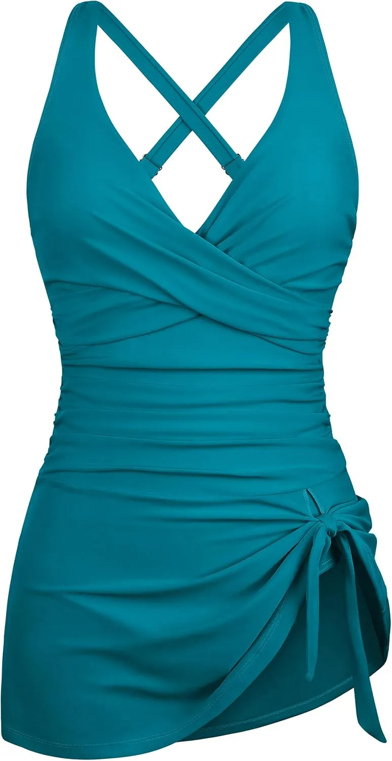 Hilor Women's Underwire One Piece Swimdress Tummy Control Bathing Suits V Neck Swimsuits Swim Dress Crossover Skirt Swimwear
