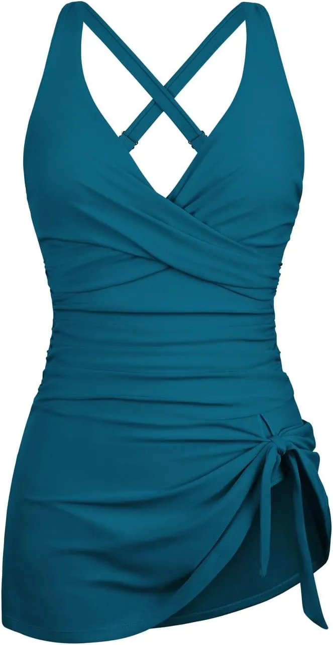 Hilor Women's Underwire One Piece Swimdress Tummy Control Bathing Suits V Neck Swimsuits Swim Dress Crossover Skirt Swimwear
