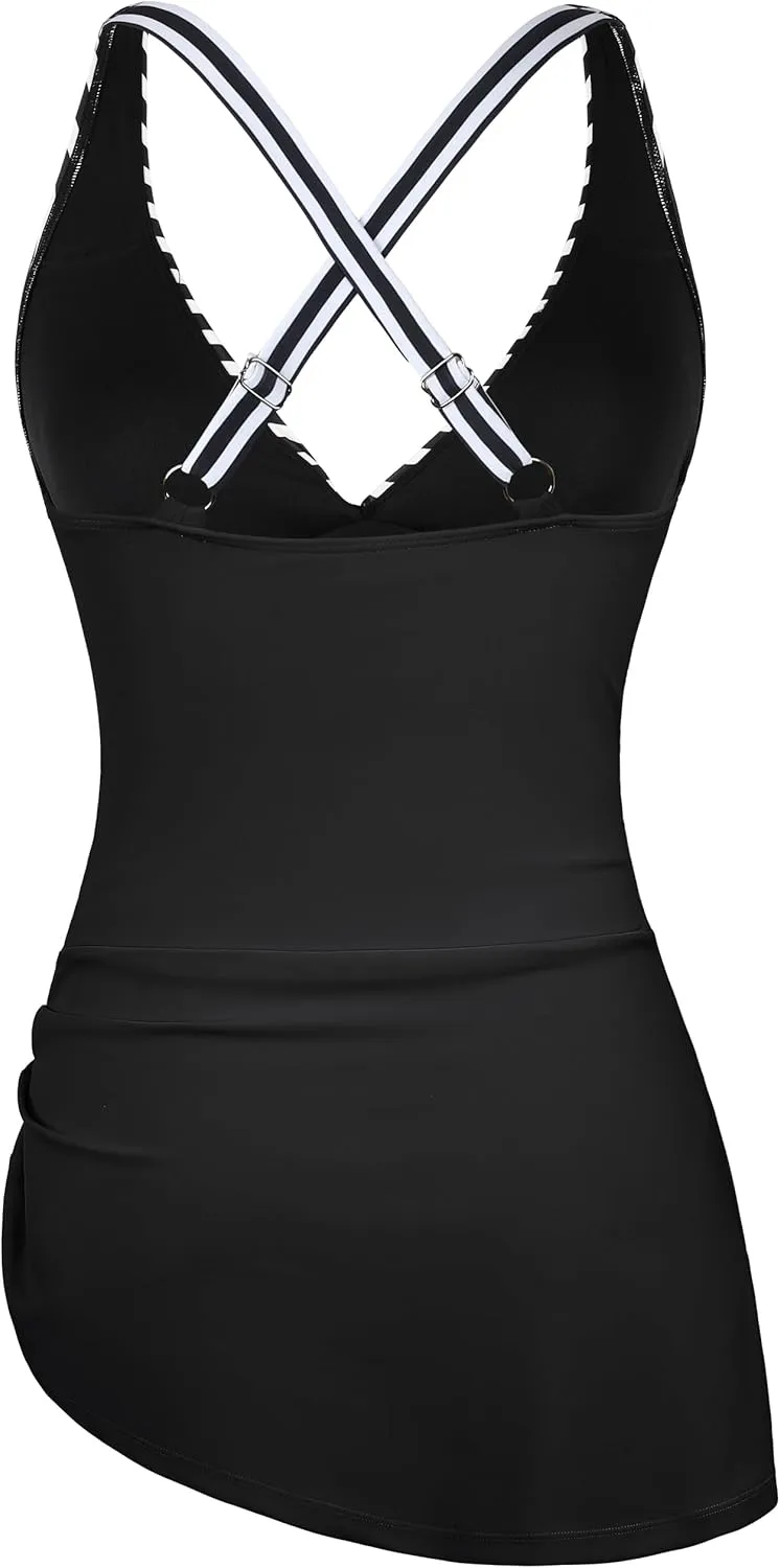Hilor Women's Underwire One Piece Swimdress Tummy Control Bathing Suits V Neck Swimsuits Swim Dress Crossover Skirt Swimwear