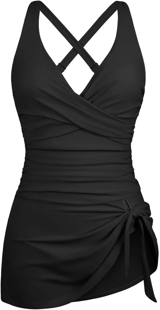 Hilor Women's Underwire One Piece Swimdress Tummy Control Bathing Suits V Neck Swimsuits Swim Dress Crossover Skirt Swimwear
