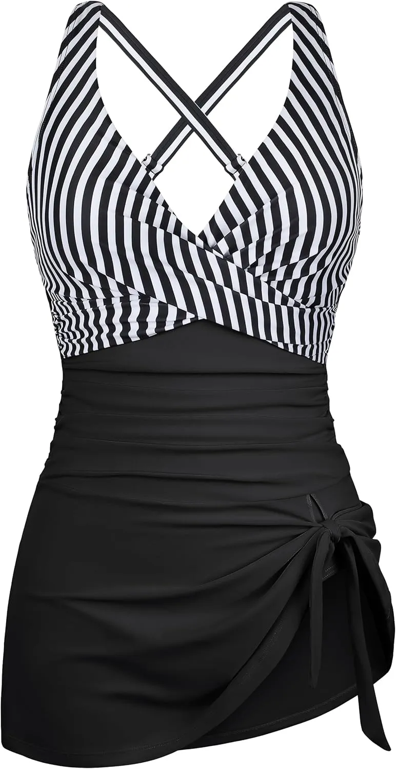 Hilor Women's Underwire One Piece Swimdress Tummy Control Bathing Suits V Neck Swimsuits Swim Dress Crossover Skirt Swimwear