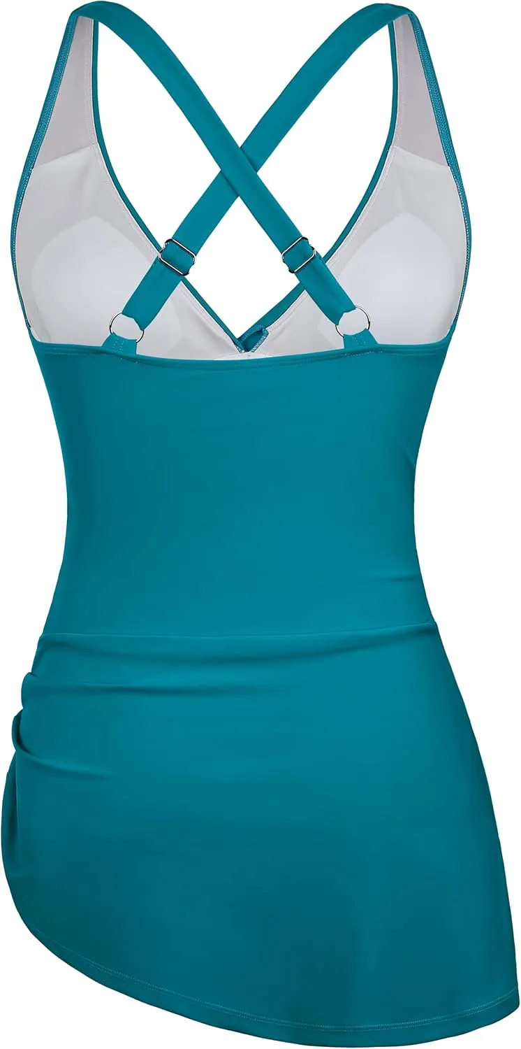 Hilor Women's Underwire One Piece Swimdress Tummy Control Bathing Suits V Neck Swimsuits Swim Dress Crossover Skirt Swimwear