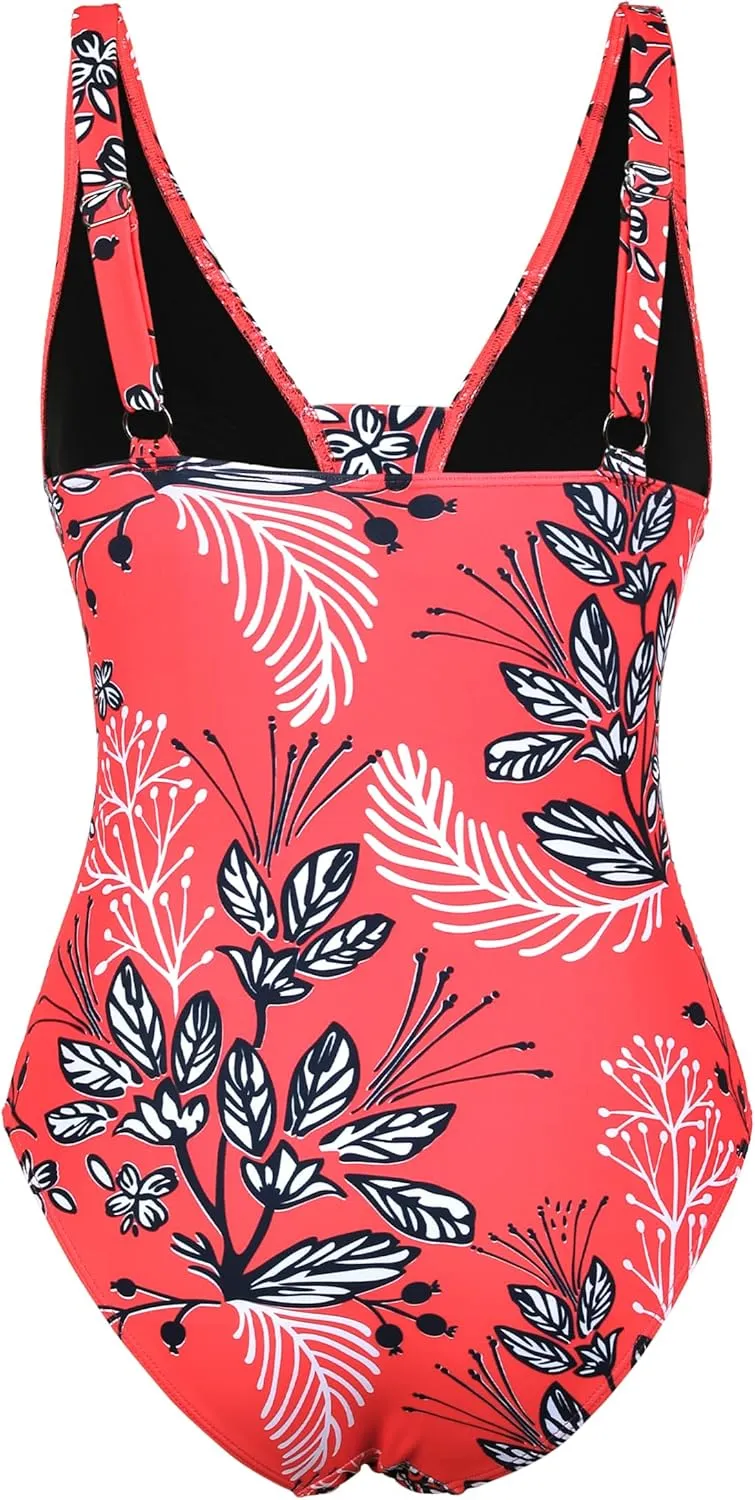 Hilor Women's Underwire One Piece Swimsuits Slimming Tummy Control Bathing Suits V Neck Swimwear