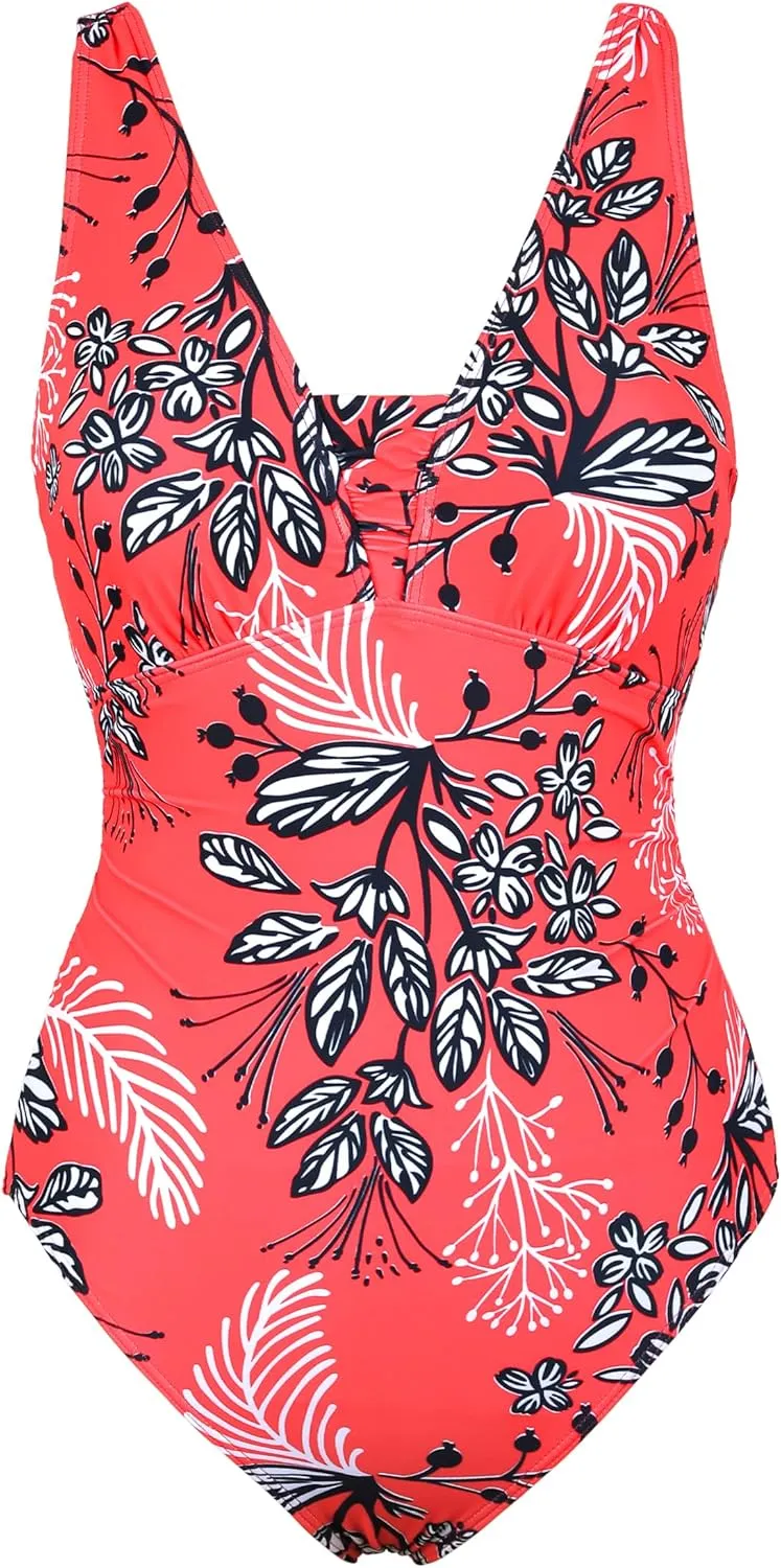Hilor Women's Underwire One Piece Swimsuits Slimming Tummy Control Bathing Suits V Neck Swimwear