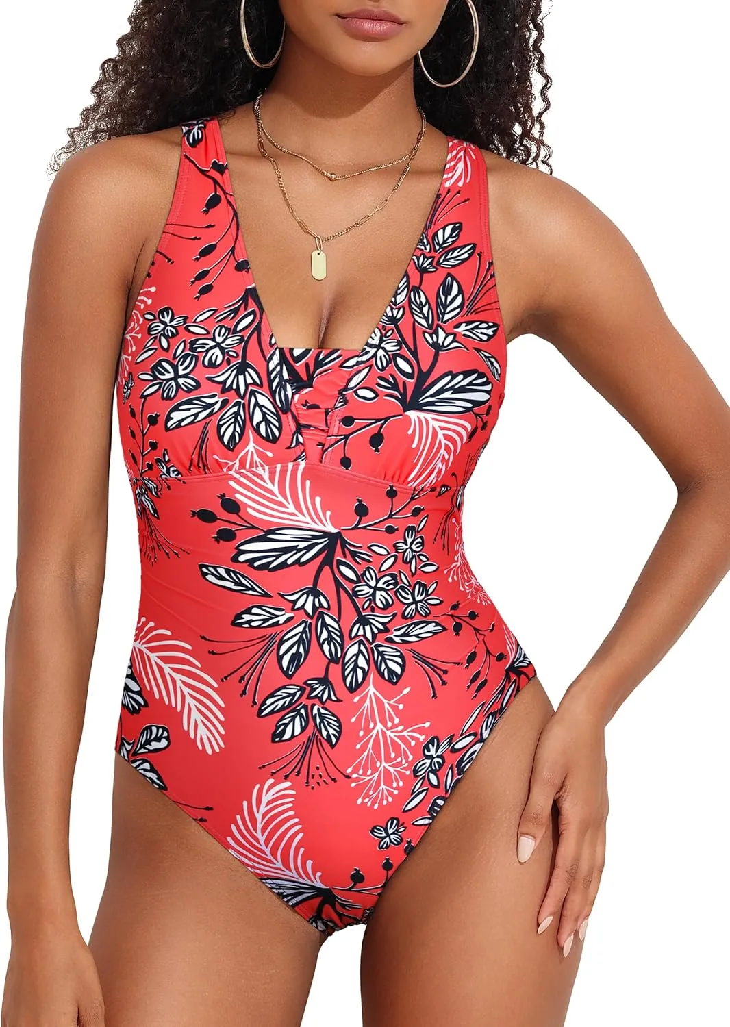 Hilor Women's Underwire One Piece Swimsuits Slimming Tummy Control Bathing Suits V Neck Swimwear