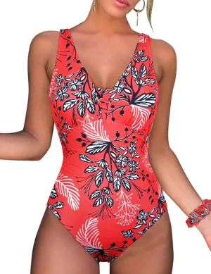 Hilor Women's Underwire One Piece Swimsuits Slimming Tummy Control Bathing Suits V Neck Swimwear
