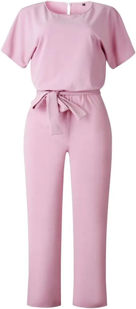 HIUARA Jumpsuits for Women Casual Loose Batwing Sleeve Belted Playsuit Short Sleeve Romper Wide Leg Pant One Piece Romper