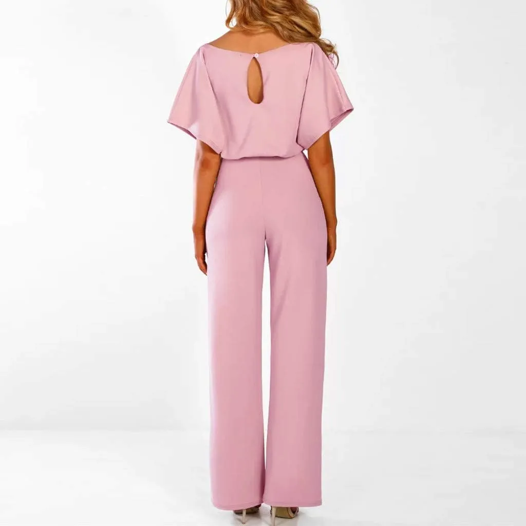 HIUARA Jumpsuits for Women Casual Loose Batwing Sleeve Belted Playsuit Short Sleeve Romper Wide Leg Pant One Piece Romper