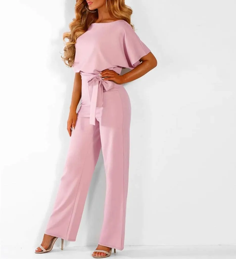 HIUARA Jumpsuits for Women Casual Loose Batwing Sleeve Belted Playsuit Short Sleeve Romper Wide Leg Pant One Piece Romper